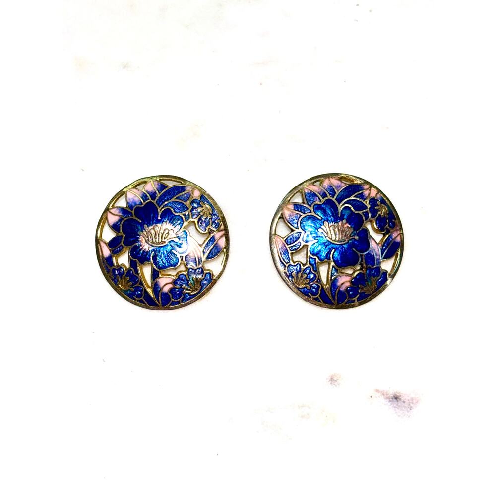 Gold Tone Blue Floral Enamel Cloisonné Post Earrings - Picture 5 of 7